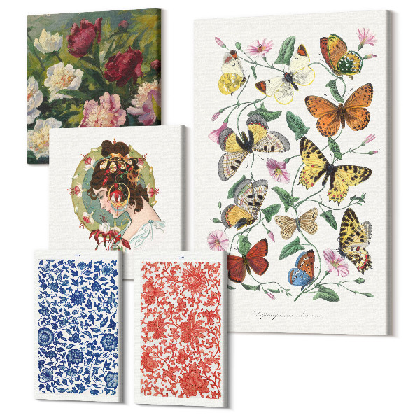 Sada obrazov na stenu pentaptych Vintage dekorácie s kvetinami a motýľmi