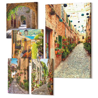 Sada 5 obrazov Očarujúce ulice so zelenými rastlinami v mestách