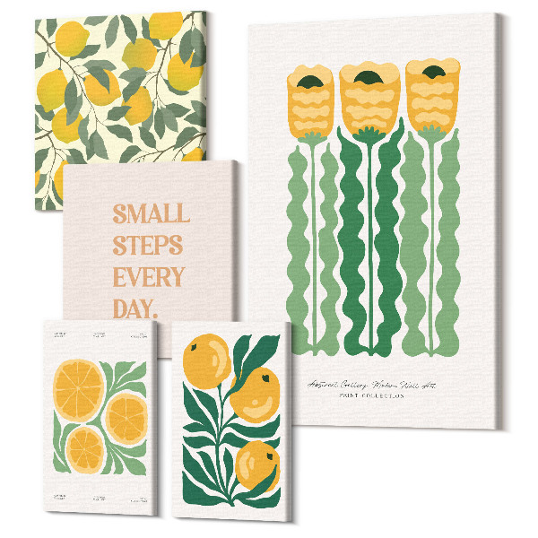 Sada obrazov na stenu pentaptych Kvetinové akcenty s citrusovými motívmi a pozitívnymi sloganmi