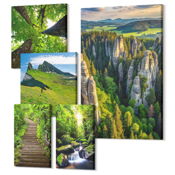 Sada obrazov pentaptych Zelená krajina s prírodou a malebnými cestičkami