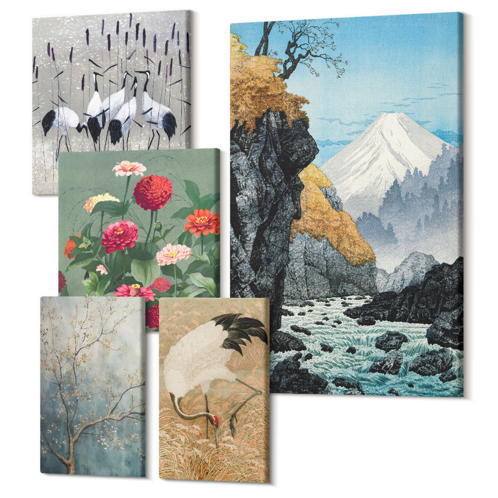 Sada obrazov pentaptych Prírodné krajiny v japonskom štýle s kvetmi a vtákmi