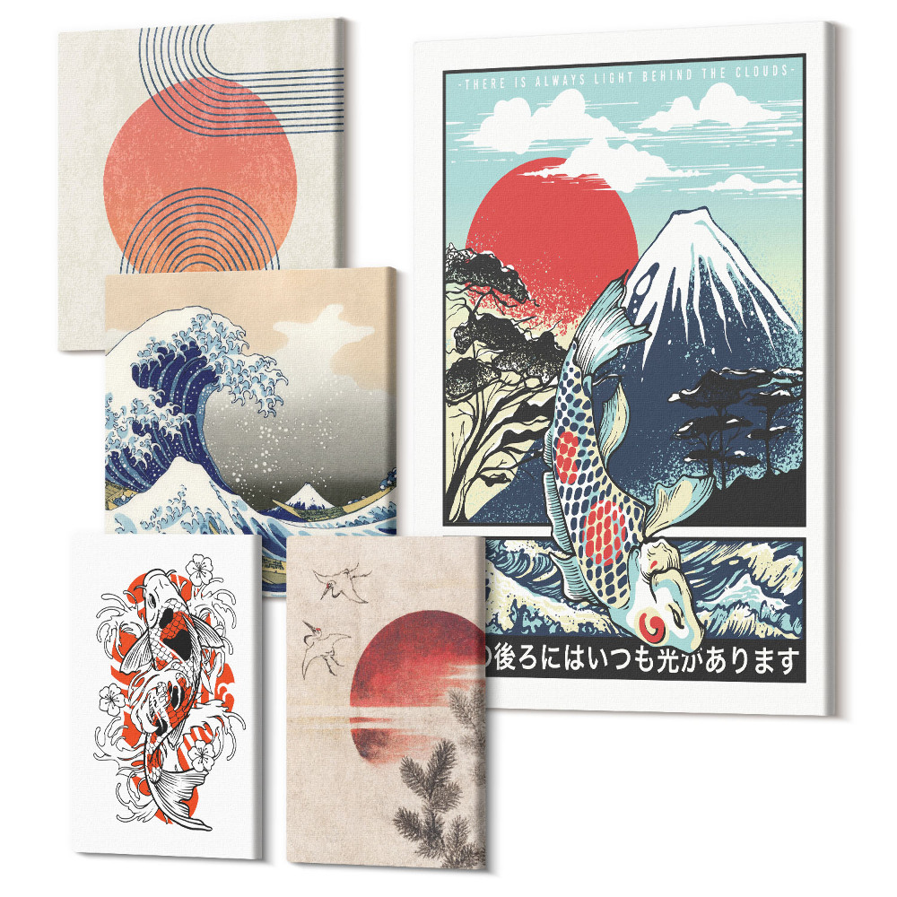 Sada 5 obrazov Japonské umelecké vlnové motívy a tradičné vzory