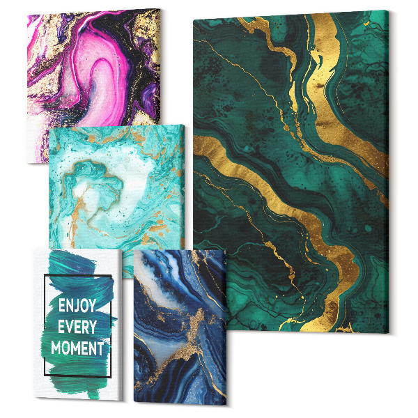 Sada obrazov na stenu pentaptych Abstraktné vzory v odtieňoch zelenej a fialovej