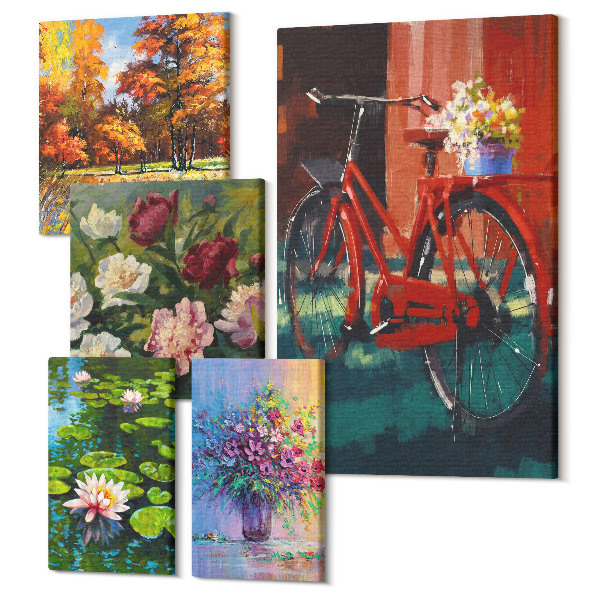 Sada 5 obrazov Kvety v jarných krajinách s bicyklom v pozadí prírody