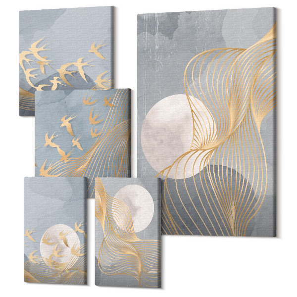 Sada obrazov na stenu pentaptych Abstraktné kompozície s vlnami a vtákmi v pohybe