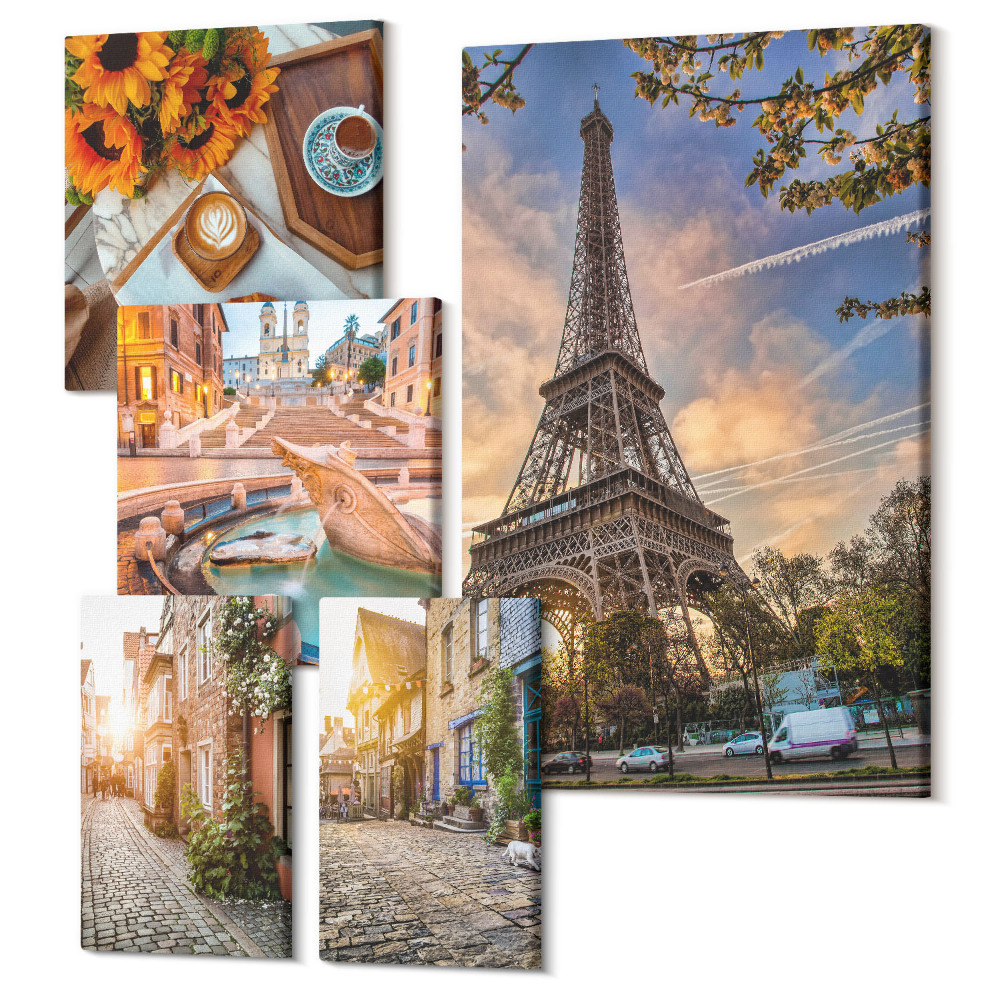 Sada obrazov na stenu pentaptych Atmosférický, očarujúci výhľad na európske mestá a kaviarne