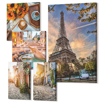 Sada obrazov na stenu pentaptych Atmosférický, očarujúci výhľad na európske mestá a kaviarne