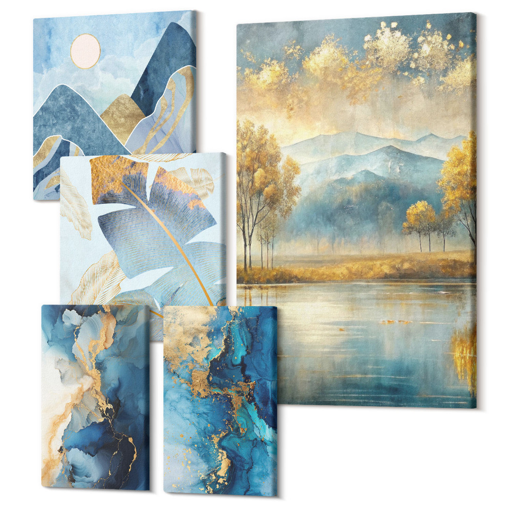 Sada obrazov na stenu pentaptych Štýlové horské krajiny s rastlinnými akcentmi