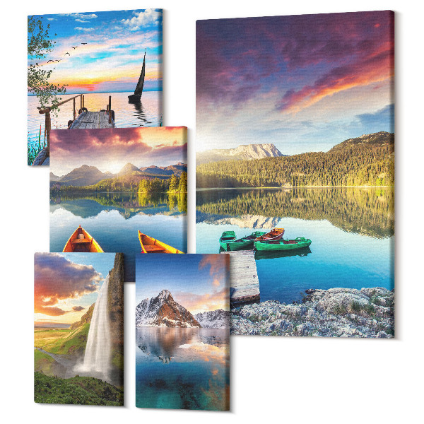 Sada 5 obrazov Prírodná krajina s vodopádmi a horskými jazerami