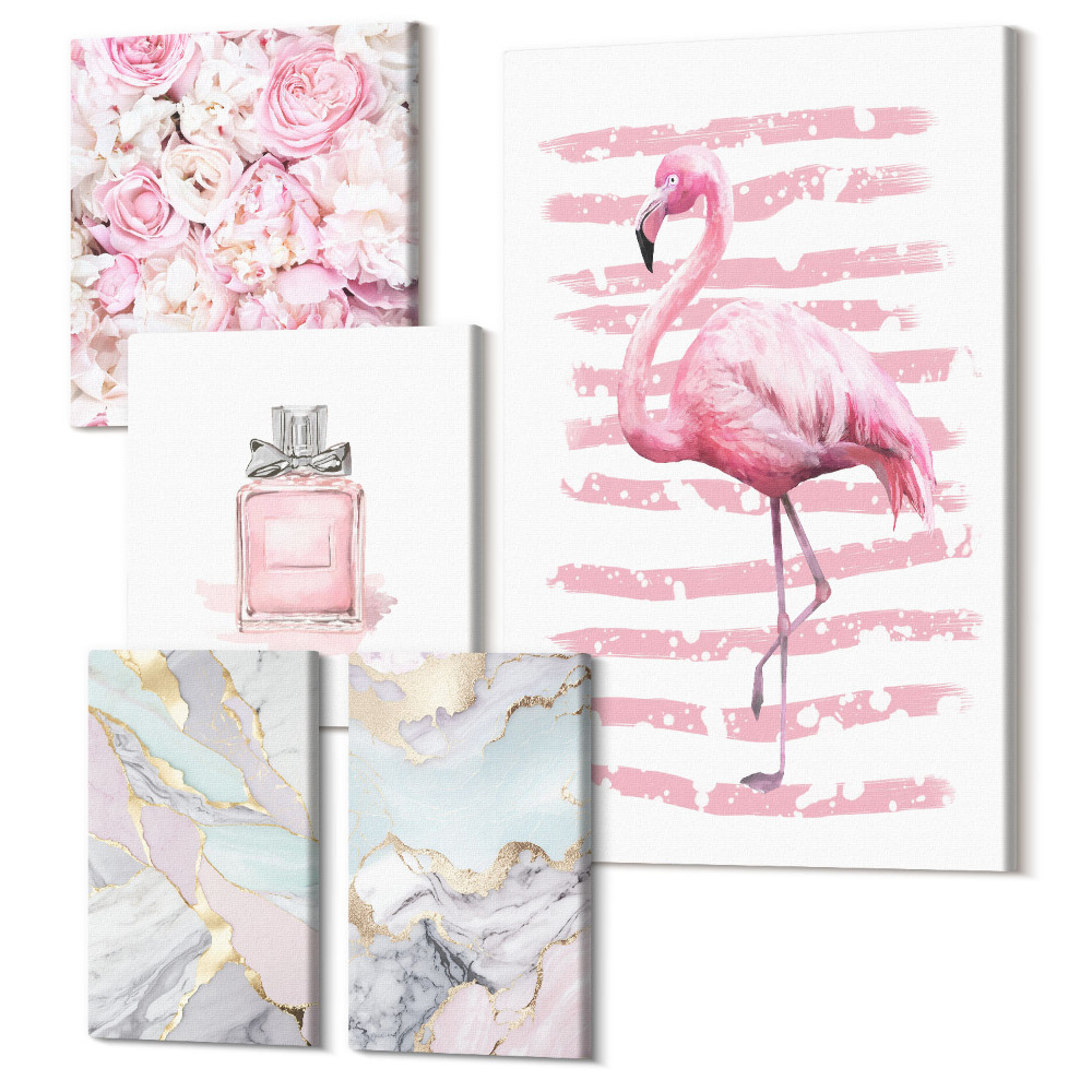 Sada 5 obrazov Štýlové akcenty v ružových odtieňoch s kvetmi a plameniakom