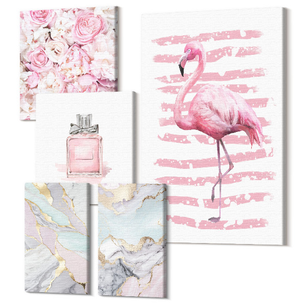 Sada 5 obrazov Štýlové akcenty v ružových odtieňoch s kvetmi a plameniakom