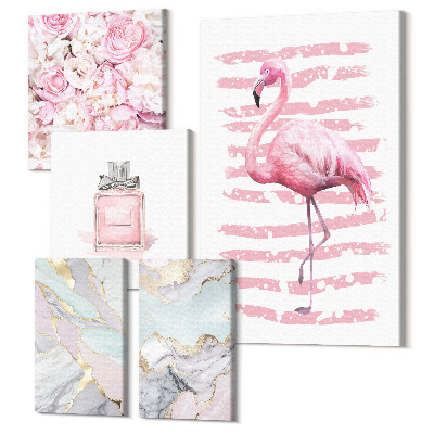 Sada 5 obrazov Štýlové akcenty v ružových odtieňoch s kvetmi a plameniakom