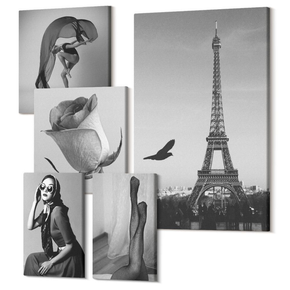Sada 5 obrazov Štýlové čiernobiele fotografie z Paríža a elegancia žien