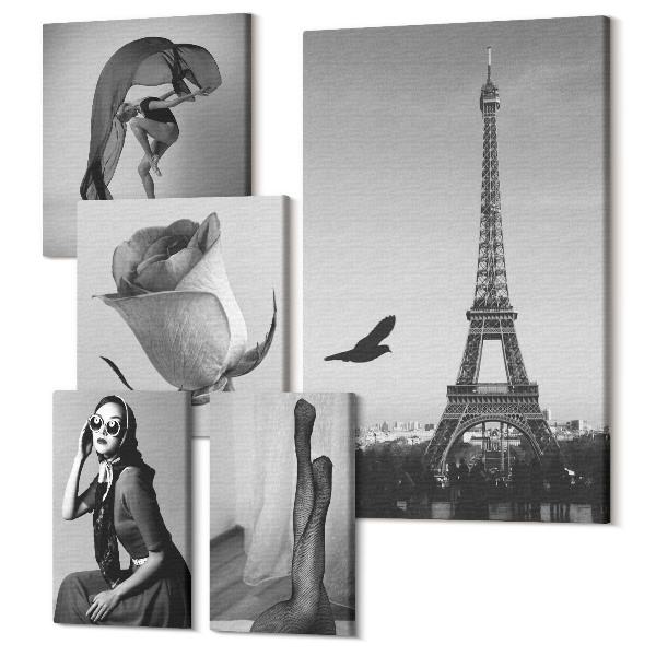 Sada 5 obrazov Štýlové čiernobiele fotografie z Paríža a elegancia žien
