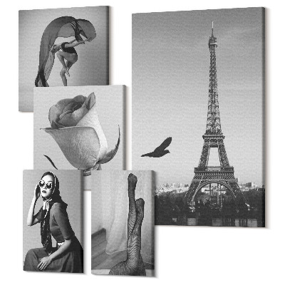 Sada 5 obrazov Štýlové čiernobiele fotografie z Paríža a elegancia žien
