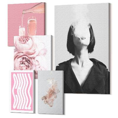 Sada obrazov pentaptych Štýlové kompozície s ružovými akcentmi a kvetmi