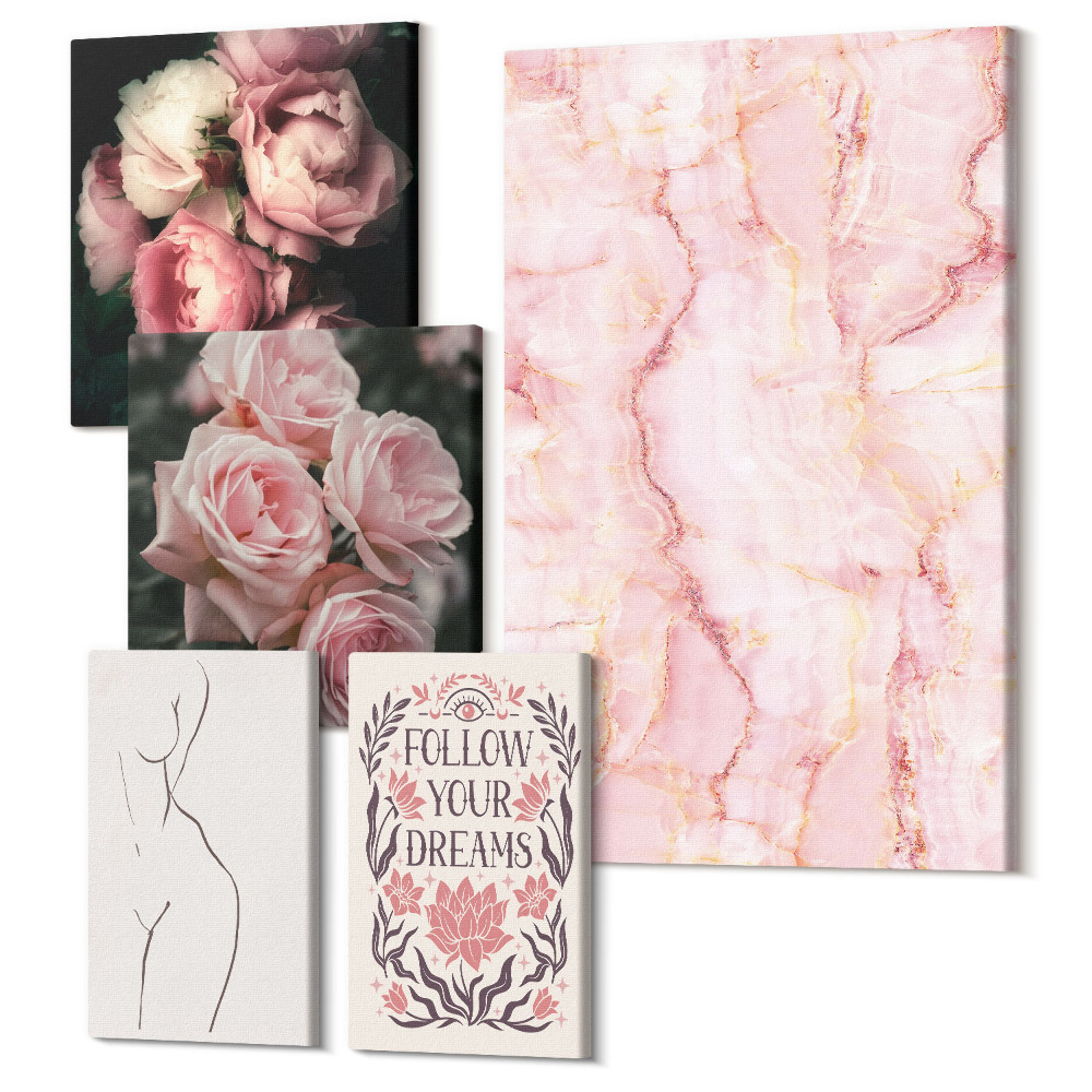 Sada obrazov na stenu pentaptych Ružové kvety a minimalistické tvary v štýle boho
