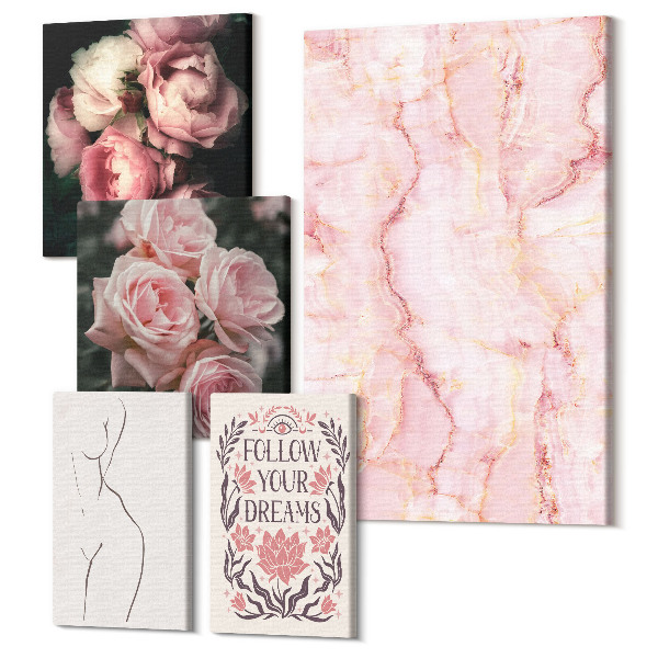 Sada obrazov na stenu pentaptych Ružové kvety a minimalistické tvary v štýle boho
