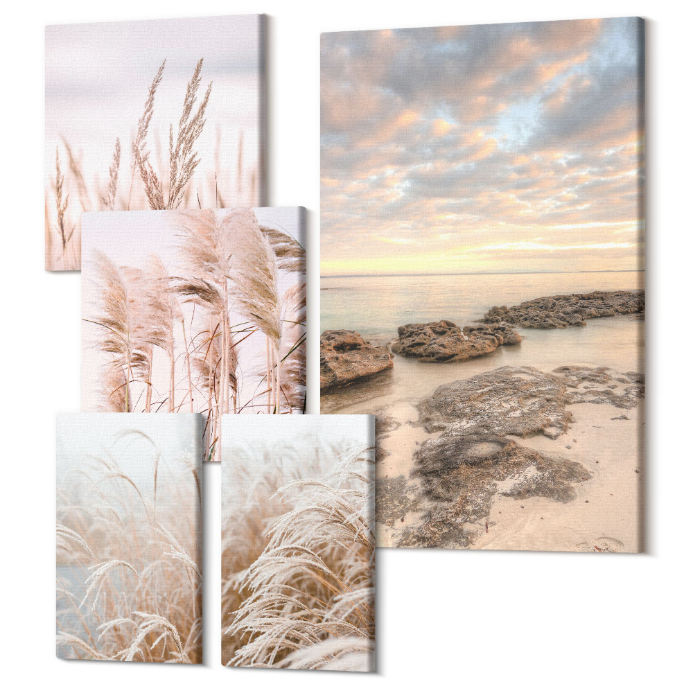 Sada 5 obrazov Prímorská krajina s vegetáciou a západmi slnka