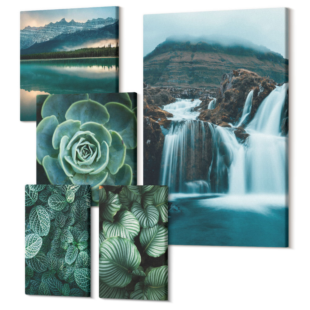 Sada obrazov pentaptych Zelené rastliny a vodopády v prírodnom štýle