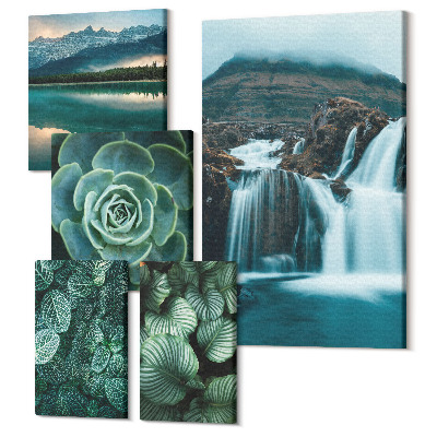 Sada obrazov pentaptych Zelené rastliny a vodopády v prírodnom štýle