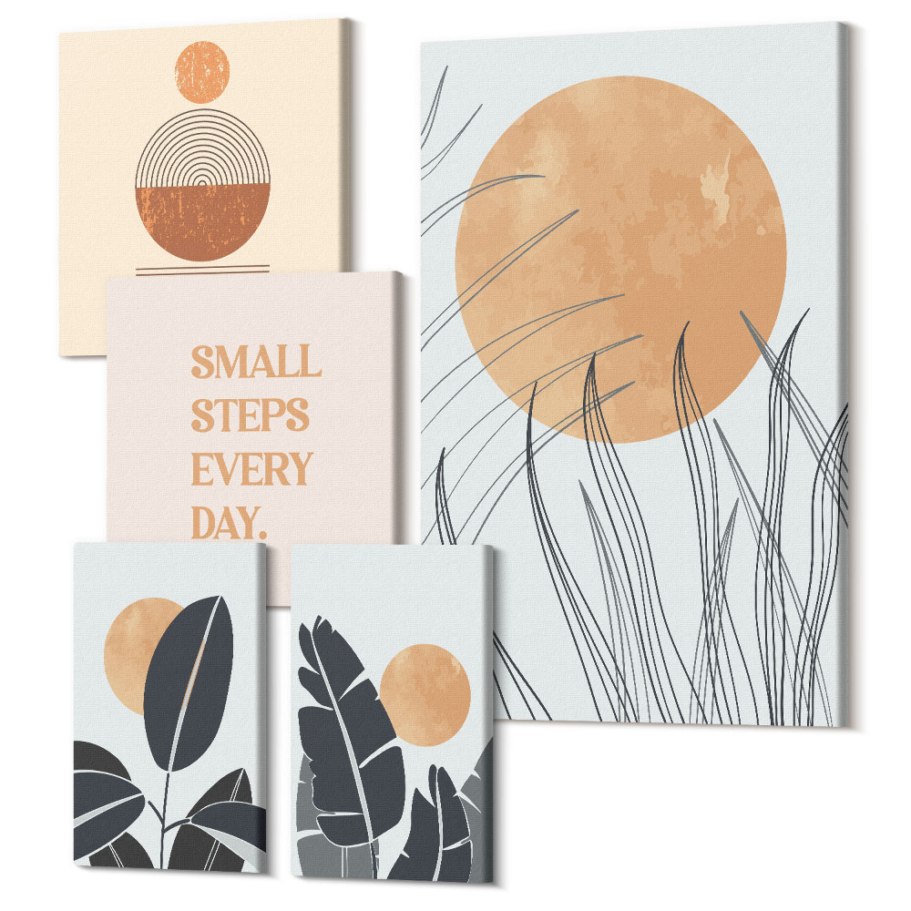 Sada 5 obrazov Štýlová grafika s rastlinnými motívmi a inšpiratívnymi sloganmi