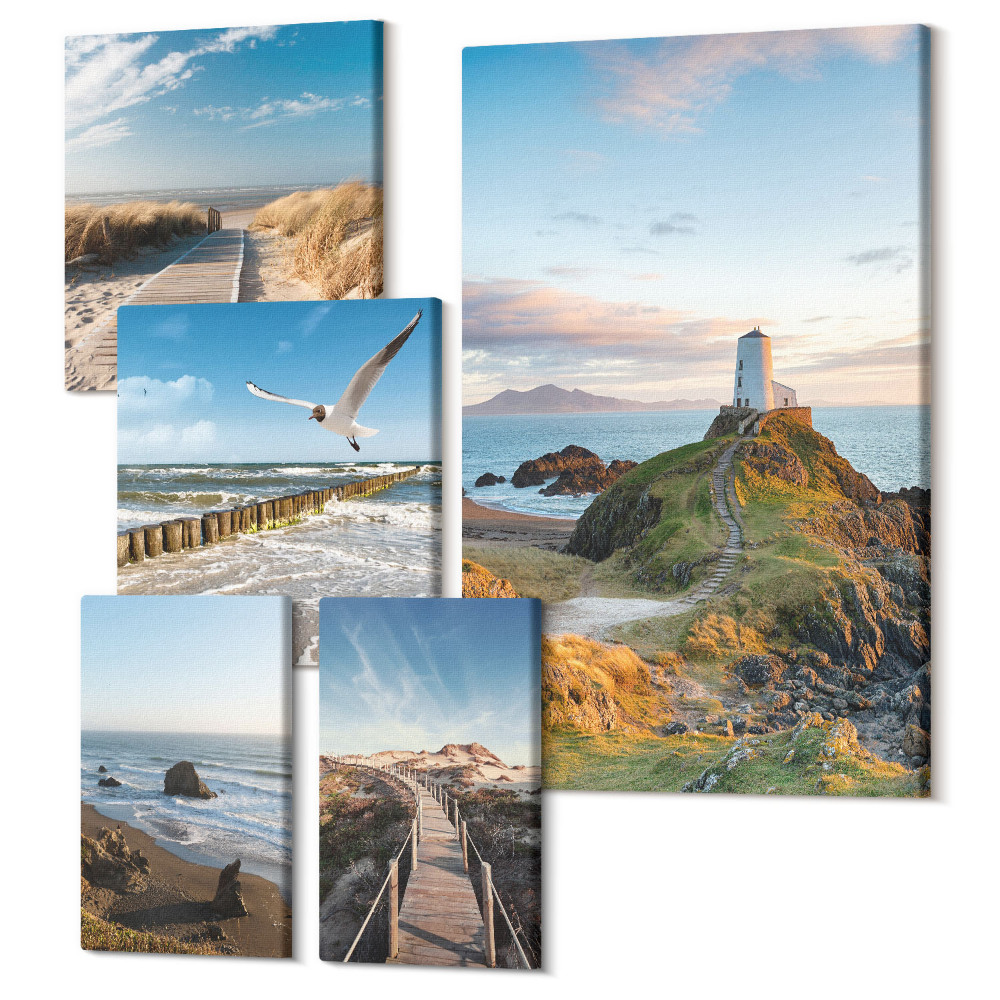 Sada 5 obrazov Pohľad na more s majákmi a plážami v pozadí