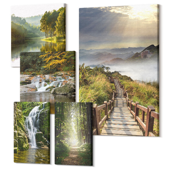 Sada obrazov na stenu pentaptych Prírodná krajina s vodopádmi a lesnými cestami