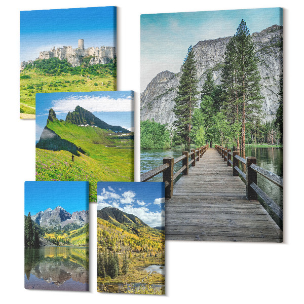 Sada 5 obrazov Prírodné horské krajiny s vodopádmi a lesmi