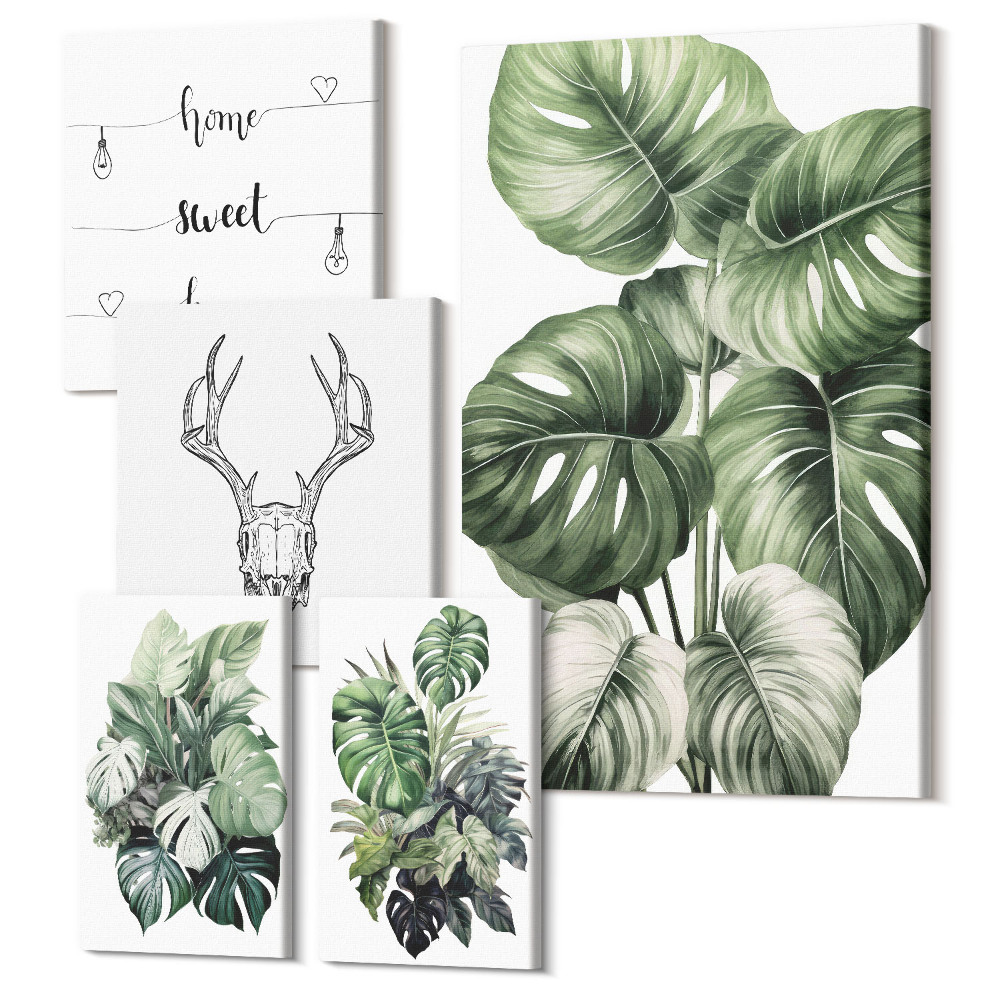 Sada obrazov na stenu pentaptych Rastlinné motívy s prvkami prírody a slovom domov