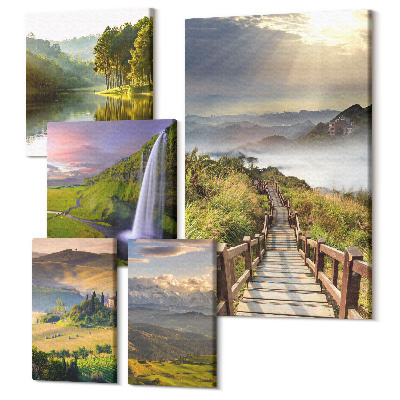 Sada 5 obrazov Prírodná krajina s vodopádmi a výhľadom na hory