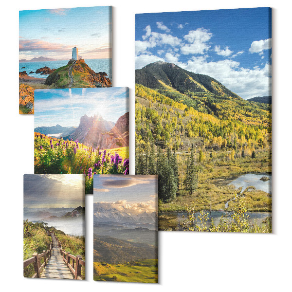 Sada obrazov pentaptych Horská krajina s malebným výhľadom na prírodu