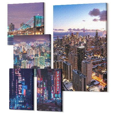Sada obrazov na stenu pentaptych Moderné mestské nočné scenérie s neónovými svetlami a mrakodrapmi