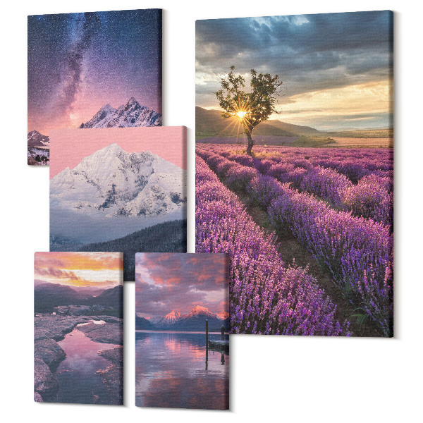 Sada 5 obrazov Prírodná krajina s levanduľovými poliami a horami