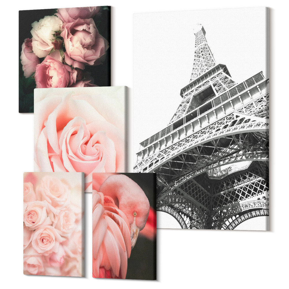 Sada obrazov pentaptych Ružové ruže a Eiffelova veža v romantickom štýle