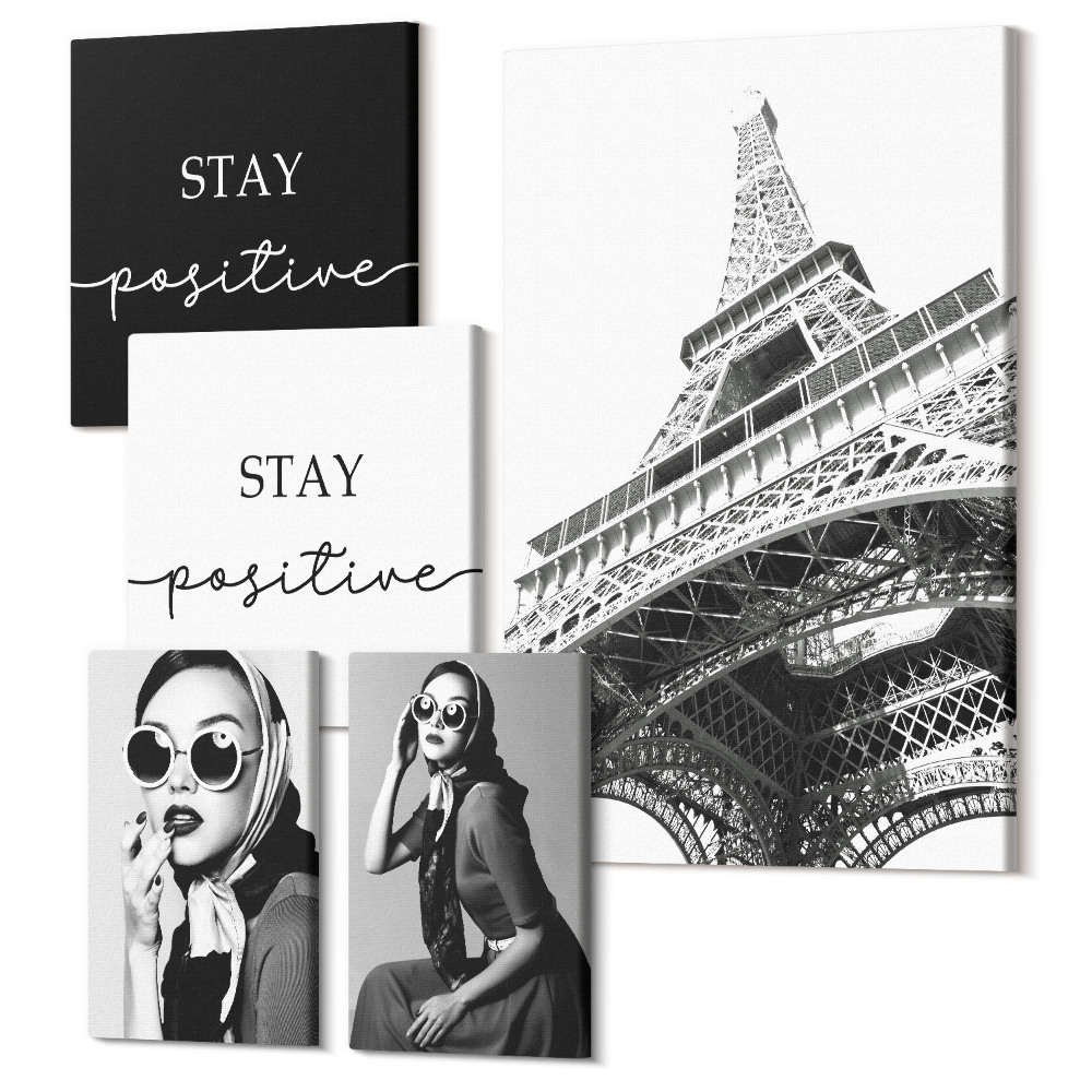 Sada obrazov na stenu pentaptych Štýlová grafika s módnymi a parížskymi akcentmi