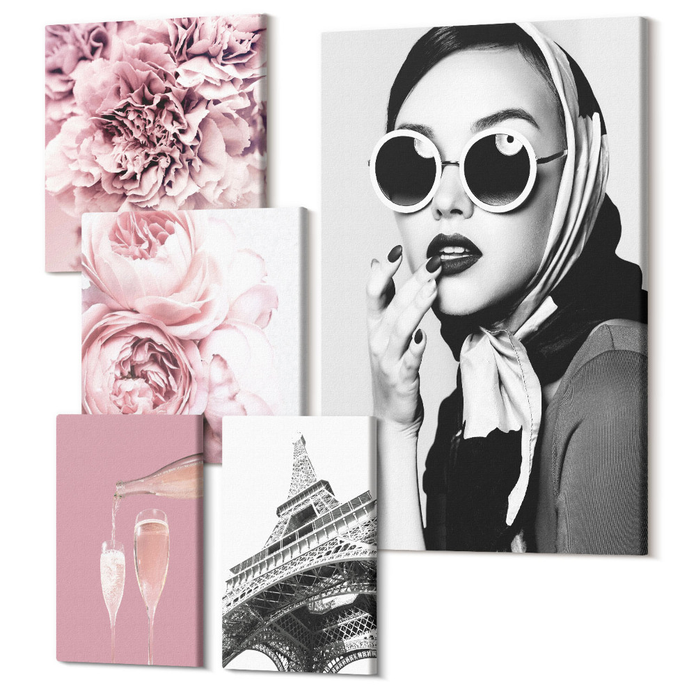 Sada 5 obrazov Štýlové portréty a kvetinové akcenty v ružových tónoch