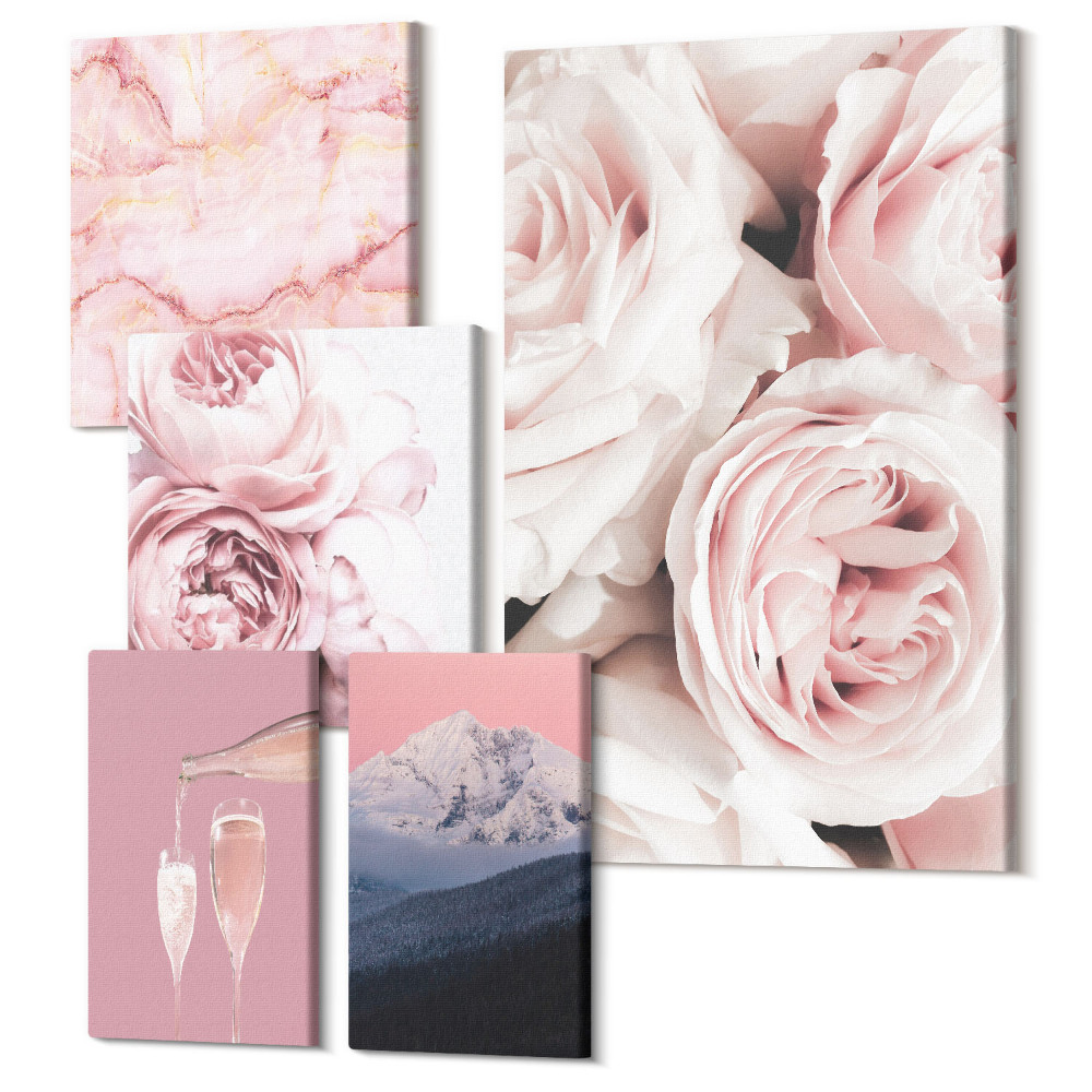 Sada obrazov na stenu pentaptych Ružové kvety, elegantné akcenty a jemné vzory