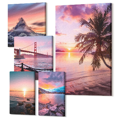 Sada 5 obrazov Prímorská krajina s palmami a výhľadom na hory