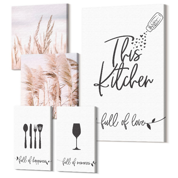 Sada obrazov na stenu pentaptych Boho kuchynské inšpirácie s láskou k vareniu
