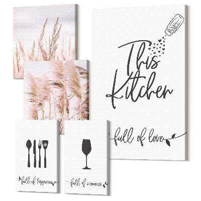Sada obrazov na stenu pentaptych Boho kuchynské inšpirácie s láskou k vareniu