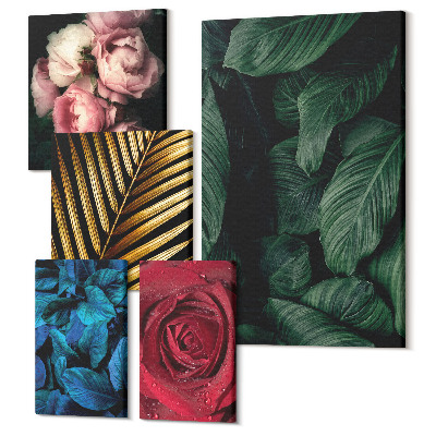 Sada obrazov na stenu pentaptych Rastlinné motívy s kvetmi a listami v prírodnom štýle