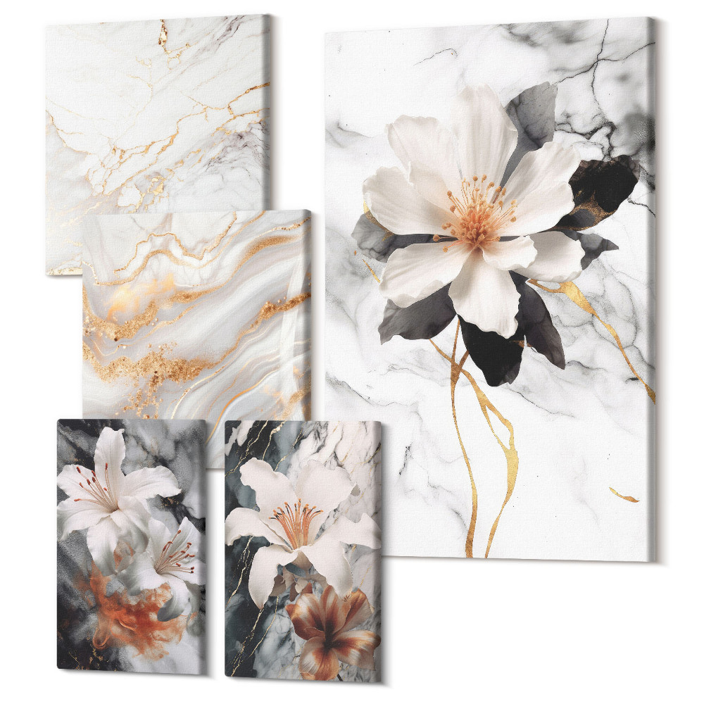 Sada obrazov pentaptych Kvetinové motívy na mramorovom podklade v elegantnom štýle