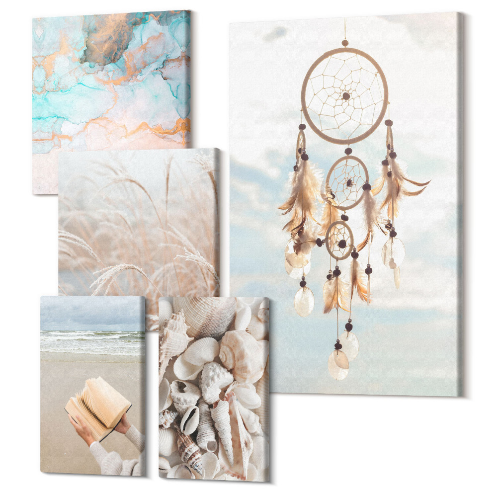 Sada obrazov pentaptych Boho štýl sníva o pláži a prírode v jemných tónoch