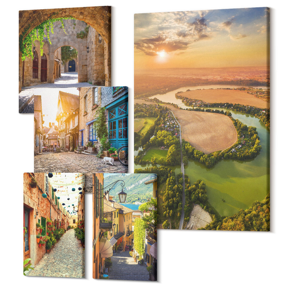 Sada obrazov na stenu pentaptych Očarujúce krajiny malebných uličiek a prírody