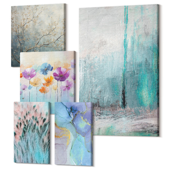 Sada 5 obrazov Abstraktné krajinky s kvetmi a jemnými motívmi