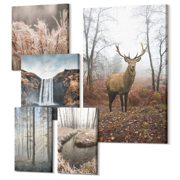 Sada obrazov pentaptych Prírodná divoká krajina s lesnými zvieratami