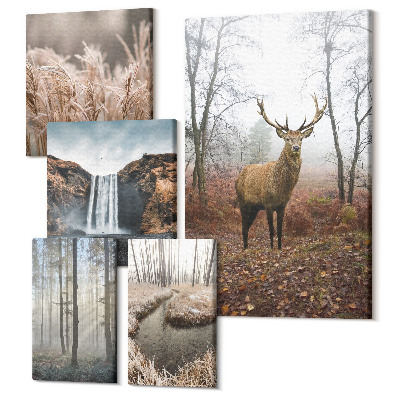 Sada obrazov pentaptych Prírodná divoká krajina s lesnými zvieratami