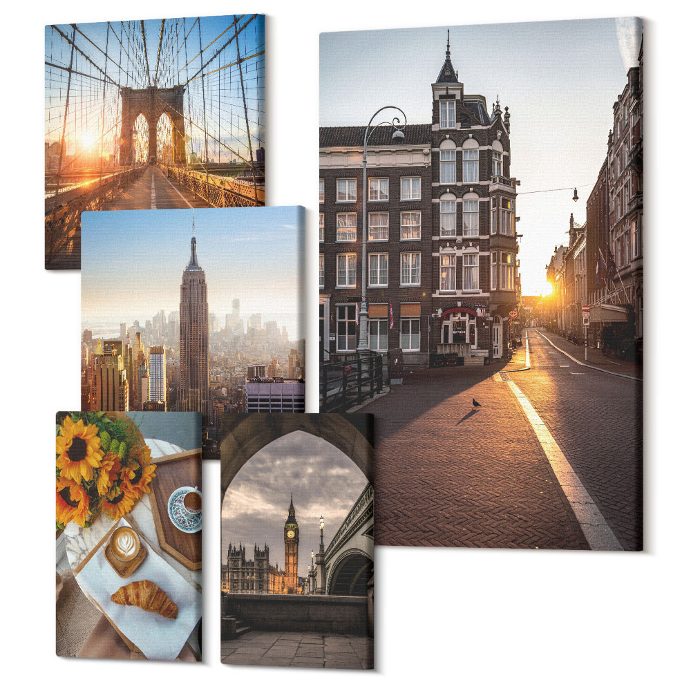 Sada obrazov pentaptych Očarujúce výhľady na mesto, architektúra a západy slnka