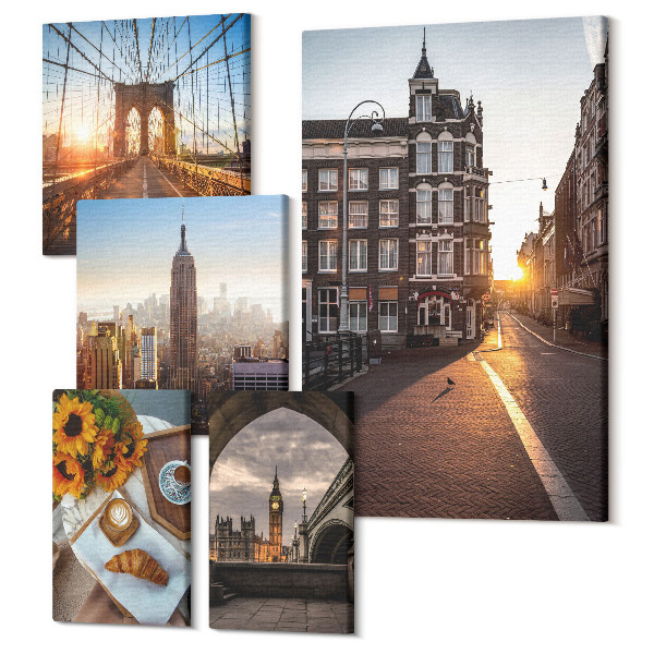 Sada obrazov pentaptych Očarujúce výhľady na mesto, architektúra a západy slnka